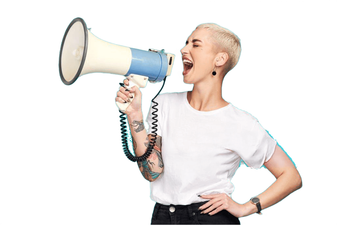 a chef with tattoos holding a megaphone to their mouth with their mouth open