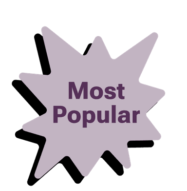 A purple sticker shaped like a cartoon explosion with text in the middle that says 'most popular'